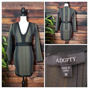 ADGFTY Mini Dress Size M Bodycon Long Sleeve Scuba Knit Stretch Striped V-Neck
